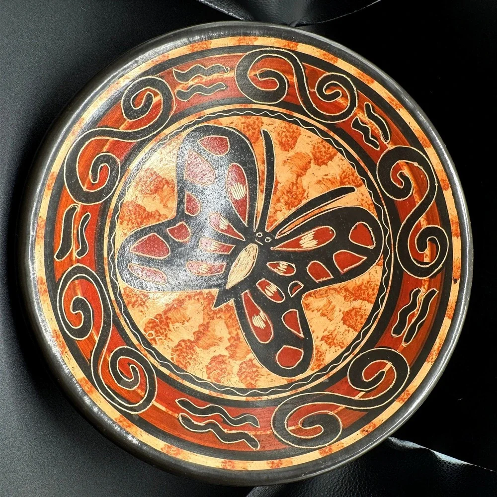 Hand Painted Tripod Bowl Butterfly Folk Art Terracotta Mexican Pottery Boho Vtg.